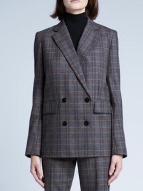 Theory Piazza Double-Breasted Virgin Wool Blazer - Gray Brown Plaid Size 10